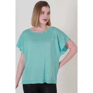 Kadın Turkuaz Göğüs Ajurlu Yazlık Ince Triko Bluz