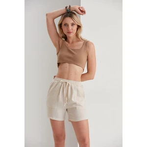 Thin Shop Bej Bağcıklı Keten Karışımlı Yazlık Şort - Keten Kadın Şort  - Keten Şort