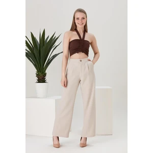 Thin Shop Yüksek Bel Pileli Palazzo Bej Pantolon