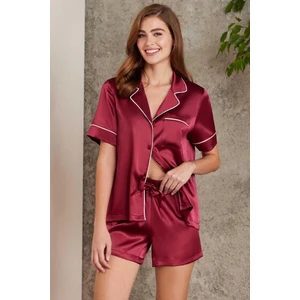 Pierre Cardin 1205 Kadın Saten Önden Düğmeli Şortlu Pijama Takım-Bordo