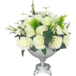 Yapay Çiçek Aranjmanı Beyaz Güller Metal Gümüş Vazolu Masa Üstü Çiçeği Arajman