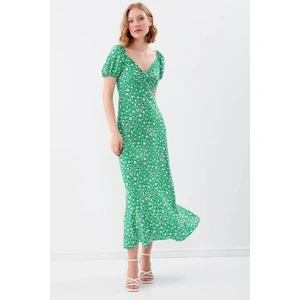 Viskon Balon Kol Çiçek Desen Elbise