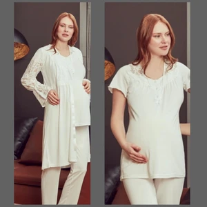 Bone Club 4902 Hamile Lohusa 3 Lü Dantel Kollu Pijama Sabahlık