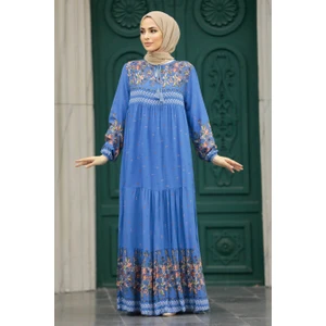Neva Style - Desenli Indigo Mavisi Tesettür Elbise 50095IM