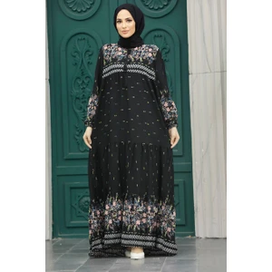 Neva Style - Desenli Siyah Tesettür Elbise 50095S