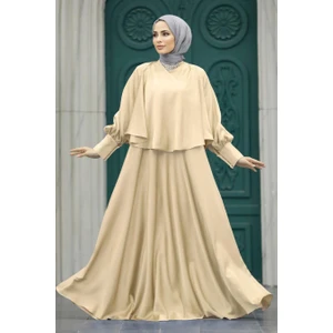 Neva Style Tesettür Abiye Elbise - Pelerinli Bej Tesettür Abiye Elbise 6051BEJ