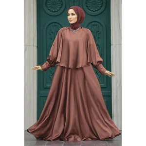 Neva Style Tesettür Abiye Elbise - Pelerinli Çikolata Tesettür Abiye Elbise 6051CK