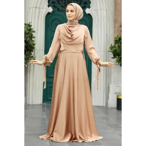 Neva Style Tesettürlü Abiye Elbise - Vizon Saten Tesettür Abiye Elbise 38031V