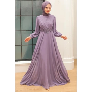 Neva Style Tesettürlü Abiye Elbise - Dantel Detaylı Açık Lila Tesettür Abiye Elbise 3435ALILA