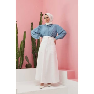 2195-MEVLANA Denim Etek Beyaz