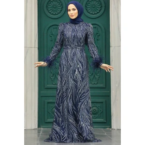 Neva Style Tesettür Abiye Elbise - Simli Lacivert Tesettür Abiye Elbise 23061L