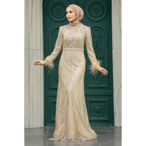 Neva Style Tesettür Abiye Elbise - Simli Gold Tesettür Abiye Elbise 23061GOLD