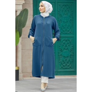 Neva Style - Kapşonlu Indigo Mavisi Tesettür Kap 511IM