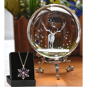 Dekoratif Metal Ayaklı Geyik 3D Cam Küre ve Lotus Çiçeği Kolye