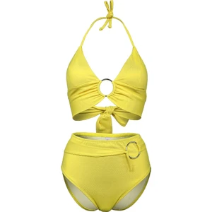 Sarı Halka Aksesuarlı Yüksek Bel Çift Kat Özel Koleksiyon Tulumlu Şık Bikini Takım