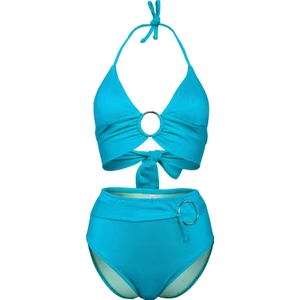 Turkuaz Halka Aksesuarlı Yüksek Bel Çift Kat Özel Koleksiyon Tulumlu Şık Bikini Takım
