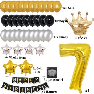 Patladı Gitti Büyük Boy Kral Taçlı Gold-Gümüş-Siyah Doğum Günü Seti