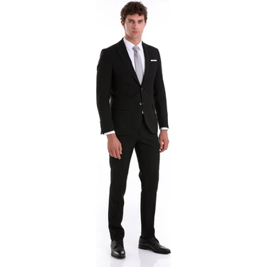 Hatemoğlu Siyah Slim Fit Mono Yaka Desenli Klasik Takım