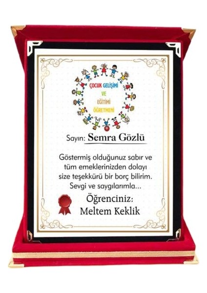 Çocuk Gelişimi ve Eğitimi Öğretmenine Plaket