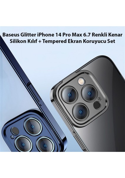 Glitter iPhone 14 Pro Max 6.7 Renkli Kenar Silikon Kılıf + Tempered Ekran Koruyucu Set