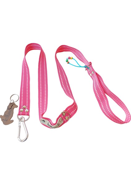 Köpek gezdirme tasması yumuşak sık dokuma kolon pembe beyaz şeritli genişlik:2,5cm uzunluk:120cm dağcı kancalı dog leash B3-8