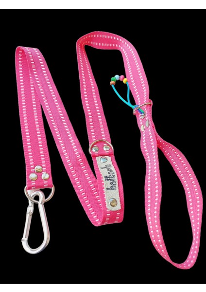 Köpek gezdirme tasması yumuşak sık dokuma kolon pembe beyaz şeritli genişlik:2,5cm uzunluk:120cm dağcı kancalı dog leash B3-8