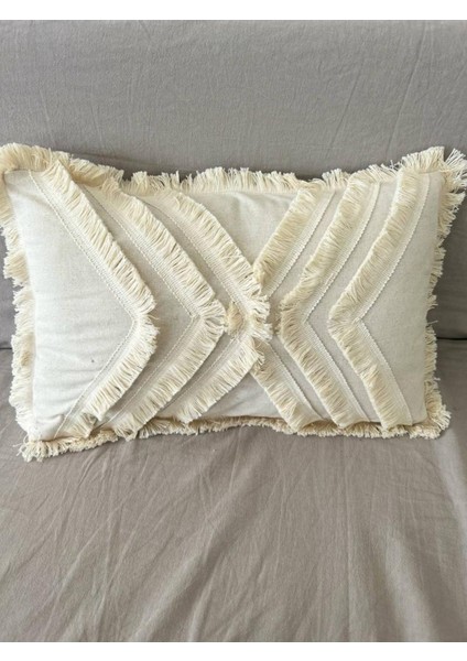 Çoklu Püsküllü Krem Keten Kırlent Kırlent Kılıfı 35 x 55 cm