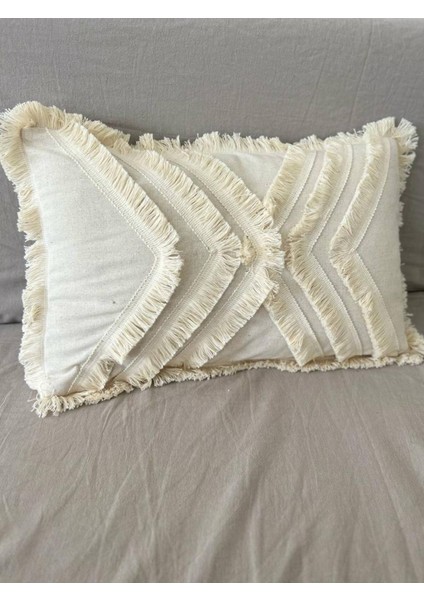 Çoklu Püsküllü Krem Keten Kırlent Kırlent Kılıfı 35 x 55 cm fiyatları