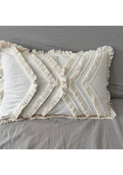 Çoklu Püsküllü Krem Keten Kırlent Kırlent Kılıfı 35 x 55 cm modelleri