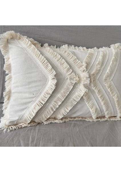 Çoklu Püsküllü Krem Keten Kırlent Kırlent Kılıfı 35 x 55 cm fırsatları