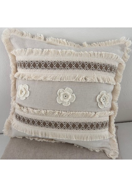 Kalın Dantel Püsküllü ve Motifli Keten Krem Kırlent Kırlent Kılıfı 43 x 43 cm