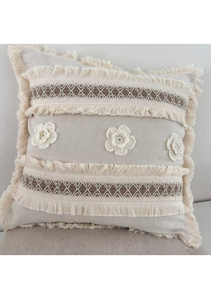 Kalın Dantel Püsküllü ve Motifli Keten Krem Kırlent Kırlent Kılıfı 43 x 43 cm modelleri