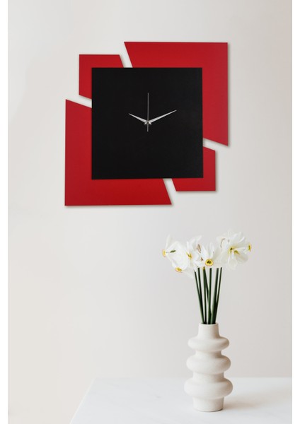Ahşap Lazer Kesim Kırmızı Duvar Saati 50 cm - Puzzle