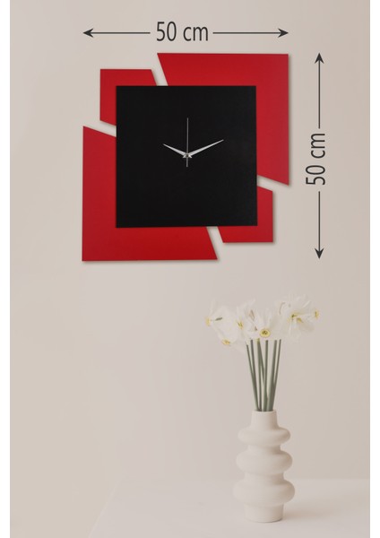 Ahşap Lazer Kesim Kırmızı Duvar Saati 50 cm - Puzzle