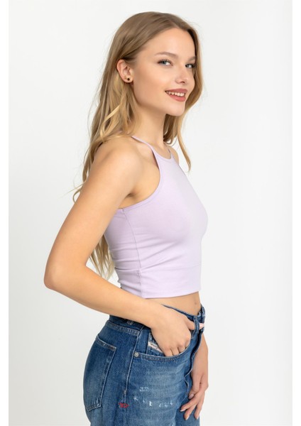 Kadın Halter Yaka Ince Askılı Crop Bluz Açık Lila modelleri