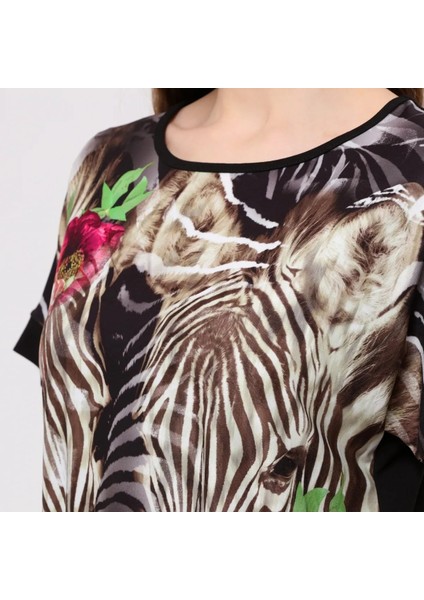 Zebra Desenli Siyah Rahat Kalıp Bluz