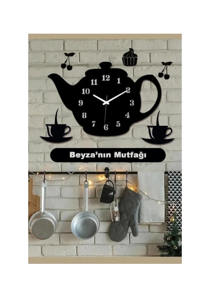 Ensa Design Demlik Tasarımlı Dekoratif Ahşap Mutfak Duvar Saati Kişiye Özel 60X50CM