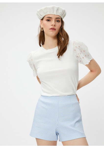 Rachel Araz x Koton Mavi - Beyaz Kadın Kısa Ekose Şort