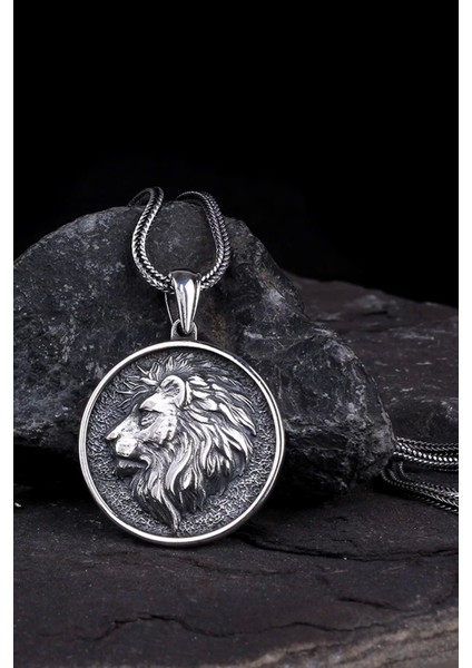 Kabartma Aslan Model 925 Ayar Gümüş Kolye - Silver