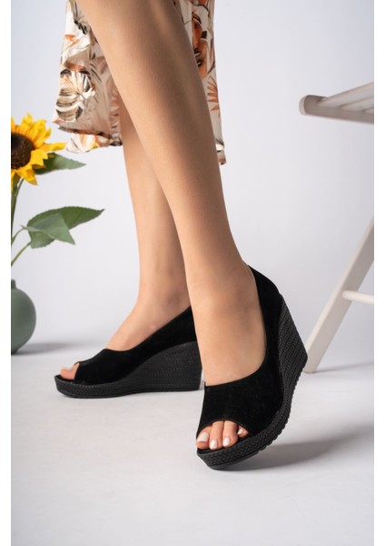 Dolgu Taban Önü Açık Siyah Süet Kadın Ayakkabı fiyatları