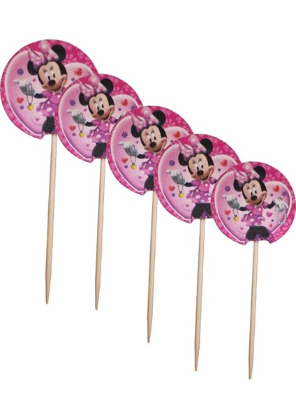 Minnie Mouse Pasta Kürdanı Doğum Günü Cupcake Süsleme Pembe Pasta Süsü Kürdan 20 Adet