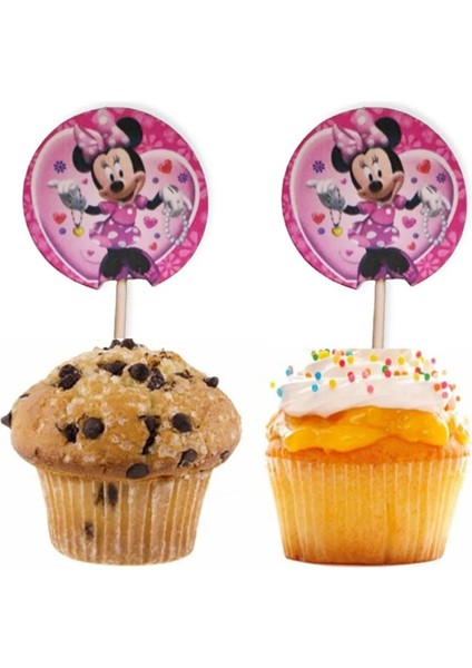 Minnie Mouse Pasta Kürdanı Doğum Günü Cupcake Süsleme Pembe Pasta Süsü Kürdan 20 Adet