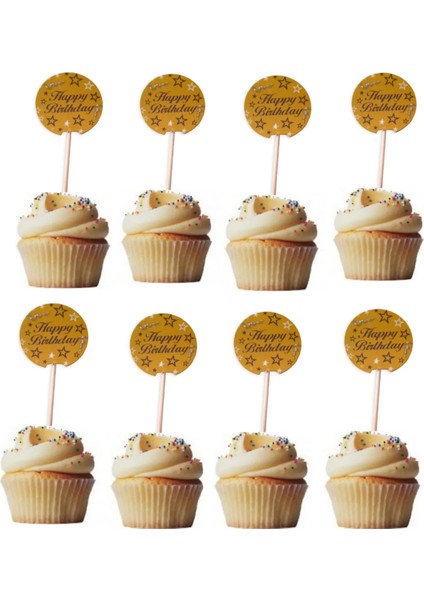 Happy Brithday Pasta Kürdan Doğum Günü Pasta Süsü Cupcake Süsleme Kürdanı Gold 20 Adet