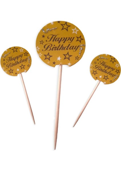 Happy Brithday Pasta Kürdan Doğum Günü Pasta Süsü Cupcake Süsleme Kürdanı Gold 20 Adet