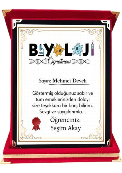 Biyoloji Öğretmenine Hediye Plaket