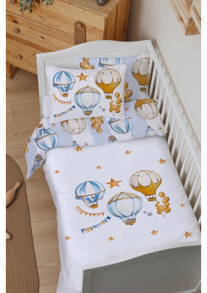 Organik Bebek Nevresim Takımı (100X150) - For Baby Serisi - Gold ve Mavi Balonlar