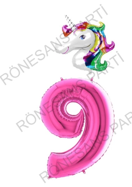 Unicorn Folyo Balon ve Fuşya Rakam Folyo Balon Seti 9
