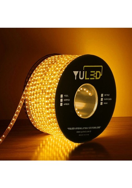 220V Silikonlu Yapışkanlı 10 cm Kesimli Hortum Şerit LED 5 Metre Amber+Güç Fişi