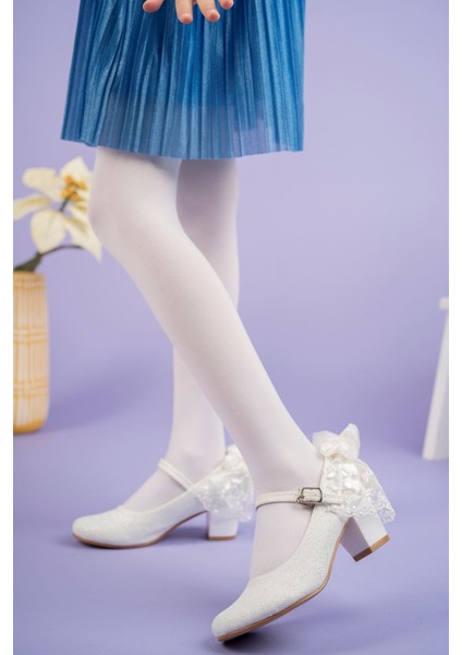 Topuklu Gümüş Simli Kız Çocuk Ayakkabı