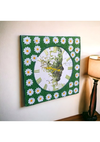 Yapay Çimli Papatyalı Ahşap 3D Doğa Duvar Saati 40*40 cm